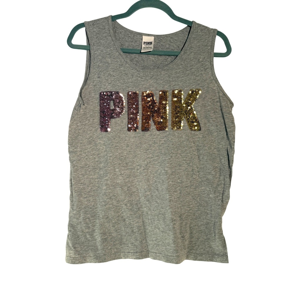 Victoria's Secret PINK Tank Top Womens S Gray‎ Sequined Logo Ombre